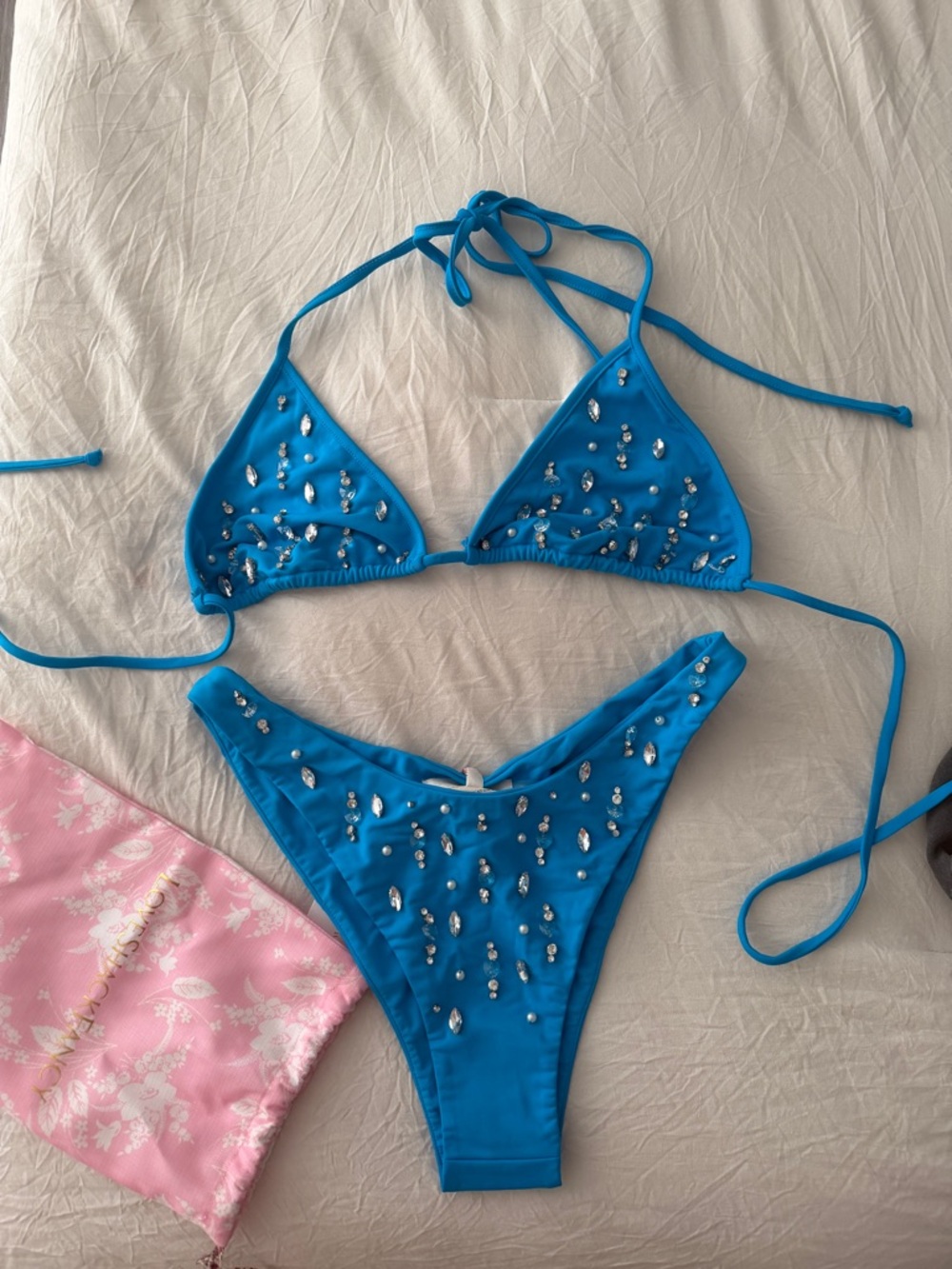 Love Shack Fancy Turquoise Rhinestone Triangle Bikini Set